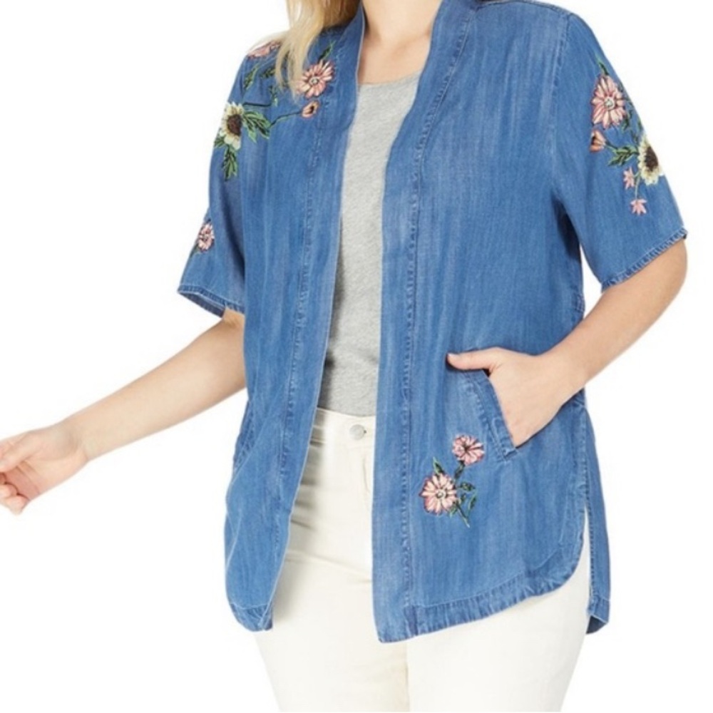 XL Chambray Floral Embroidered Open Front Cardigan Kimono Boho Spring Coastal - Picture 2 of 16